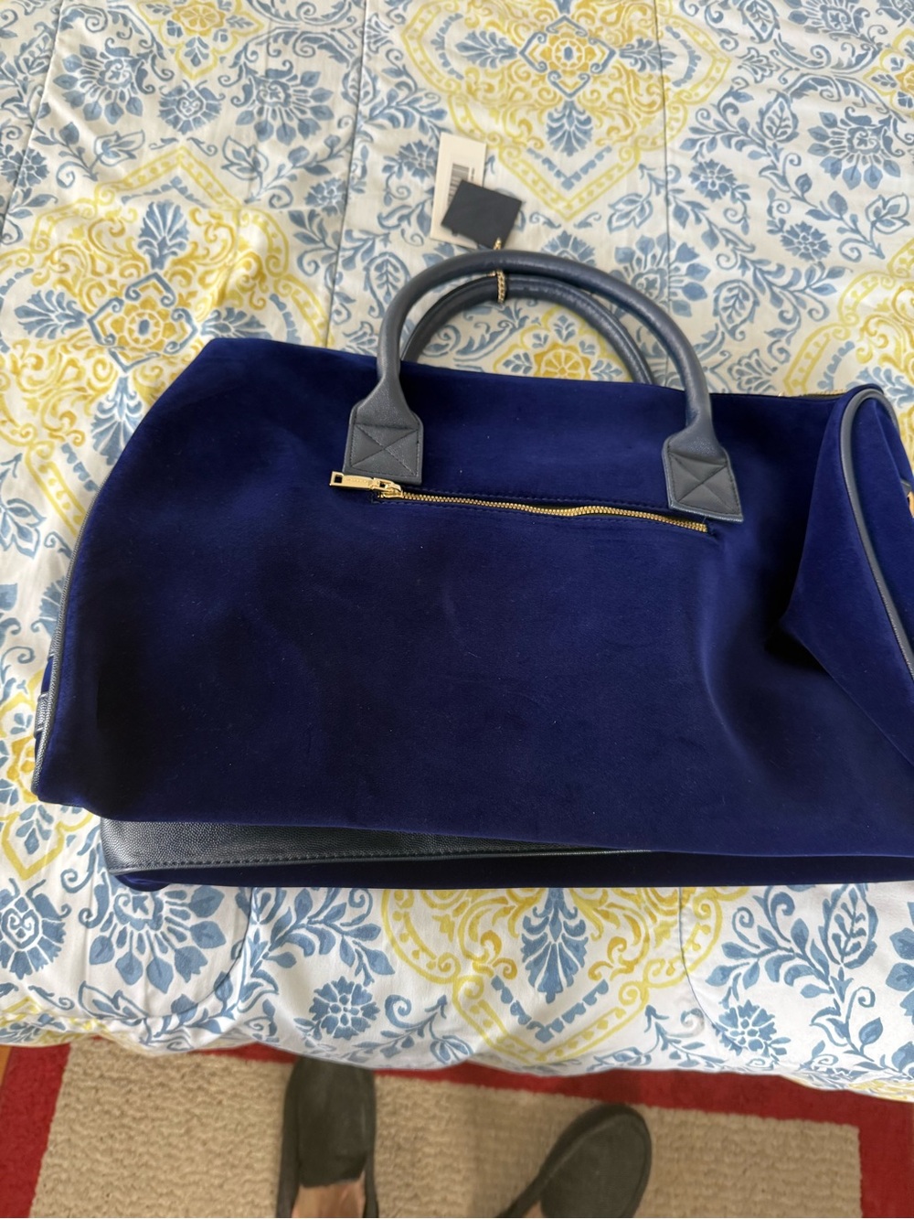 Tote&Carry Plush Velvet Navy Travel Weekender Bag with Gold-Zip Accent